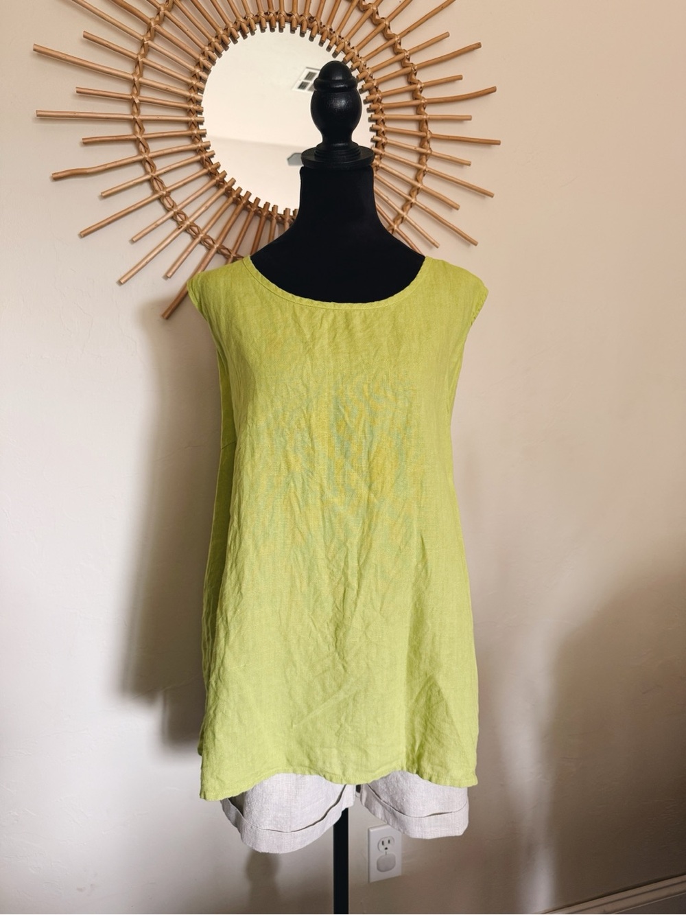 Flax Linen Scoop Neck Sleeveless Tunic - Lime Green